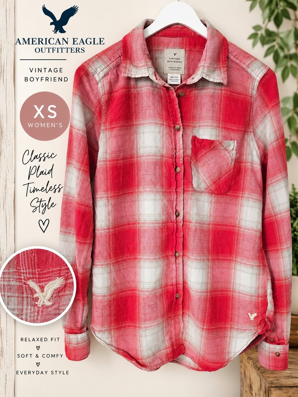 American Eagle Vintage Boyfriend Red Plaid Button Down Shirt XS